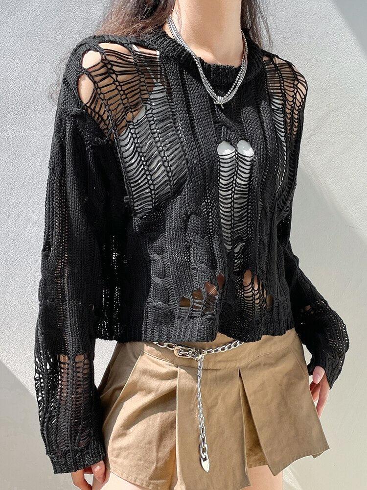 Grunge Distressed Knit Sweater - Retro Y2K Fashion, 90s Style, Perfect for Y2K Outfits Grunge Distressed Knit Sweater - Retro Y2K Fashion, 90s Style, Perfect for Y2K Outfits