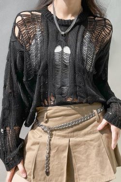 Grunge Distressed Knit Sweater - Retro Y2K Fashion, 90s Style, Perfect for Y2K Outfits