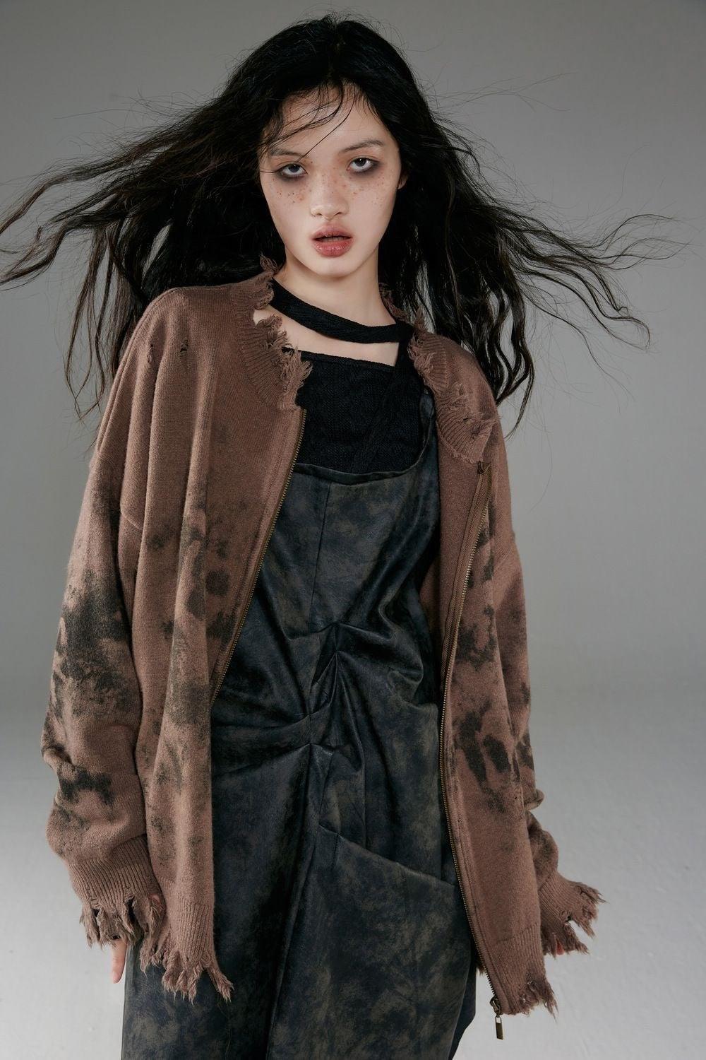 Grunge Extra Distressed Zip-Up Cardigan - Retro Y2K Fashion, 90s Style, Perfect for Y2K Outfits Grunge Extra Distressed Zip-Up Cardigan - Retro Y2K Fashion, 90s Style, Perfect for Y2K Outfits