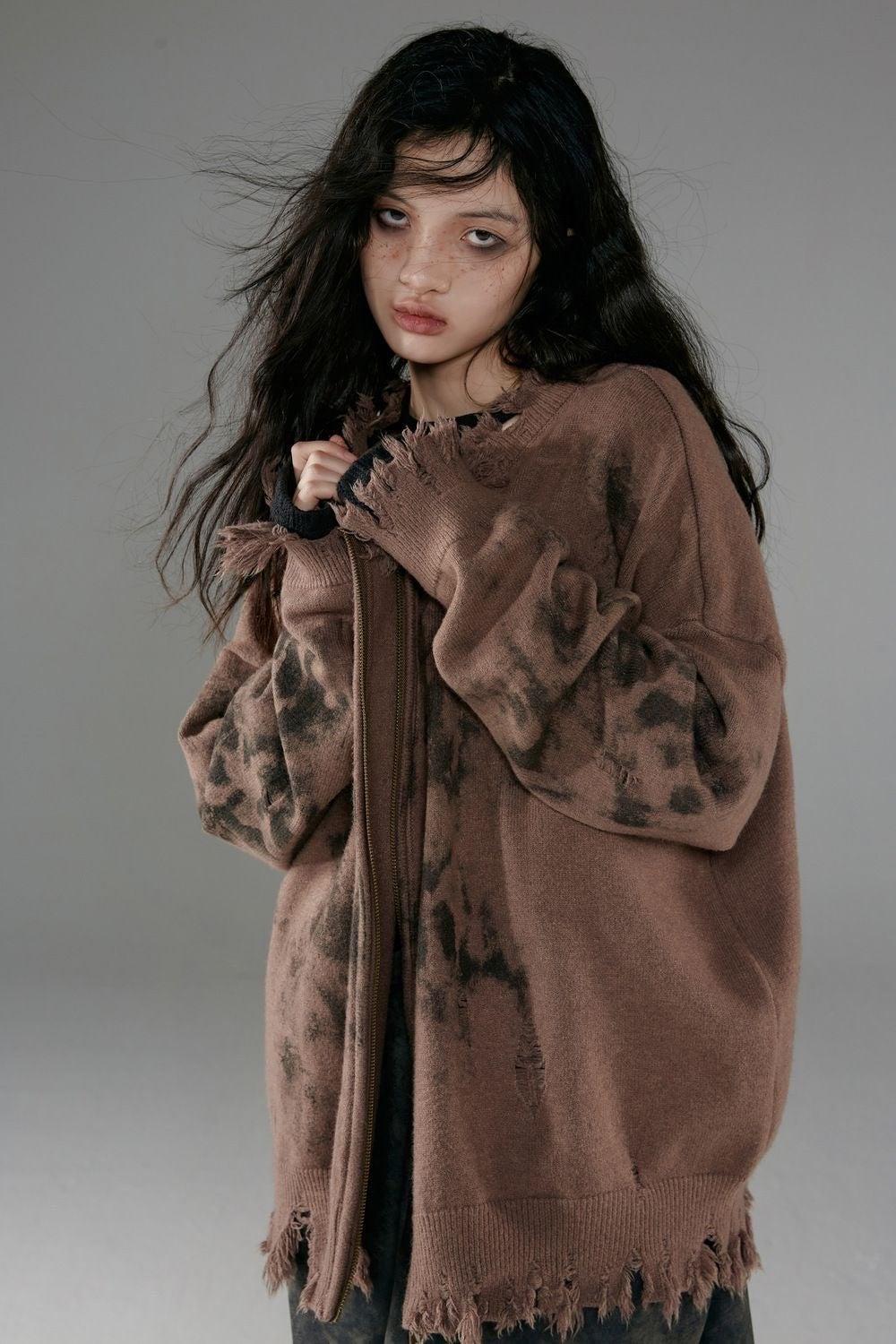 Grunge Extra Distressed Zip-Up Cardigan - Retro Y2K Fashion, 90s Style, Perfect for Y2K Outfits Grunge Extra Distressed Zip-Up Cardigan - Retro Y2K Fashion, 90s Style, Perfect for Y2K Outfits