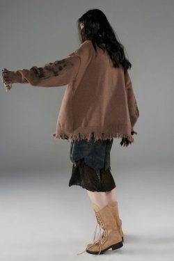 Grunge Extra Distressed Zip-Up Cardigan - Retro Y2K Fashion, 90s Style, Perfect for Y2K Outfits