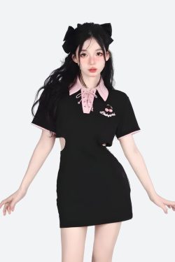 Kawaii Cherry Cut Out Mini Polo Dress - Y2K Summer Retro Style Douyin Fashion