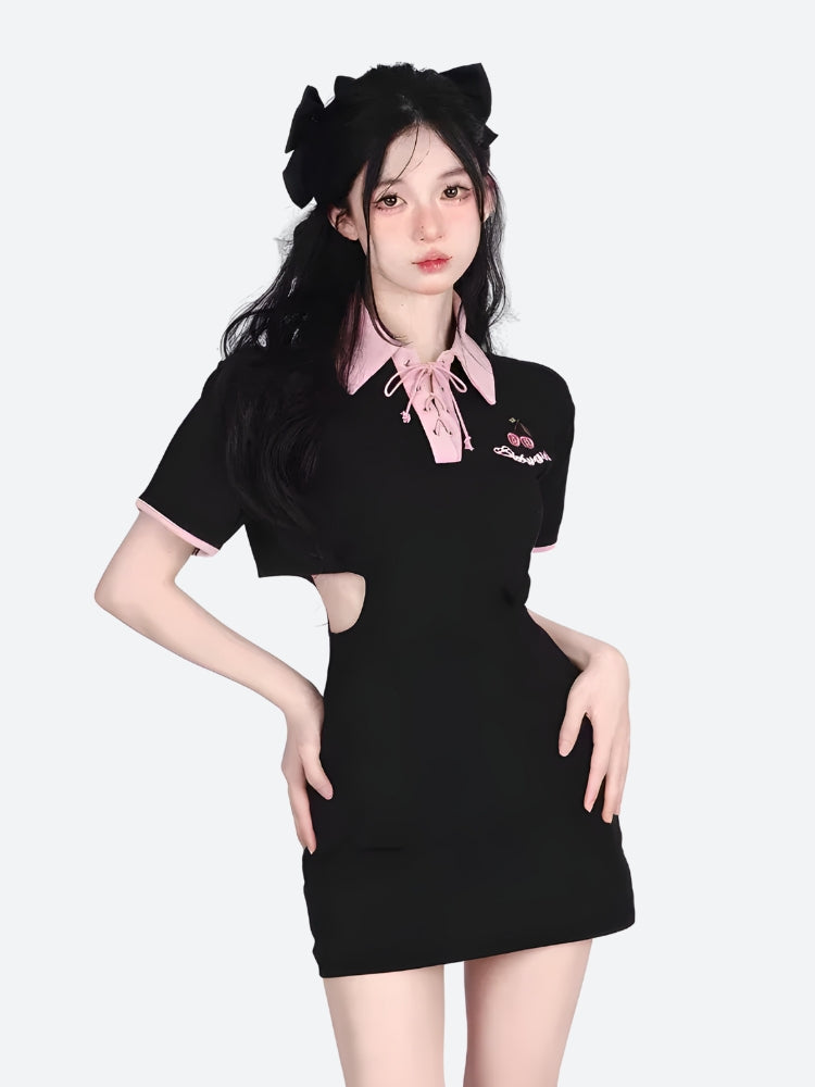 Kawaii Cherry Cut Out Mini Polo Dress - Y2K Summer Retro Style Douyin Fashion Kawaii Cherry Cut Out Mini Polo Dress - Y2K Summer Retro Style Douyin Fashion