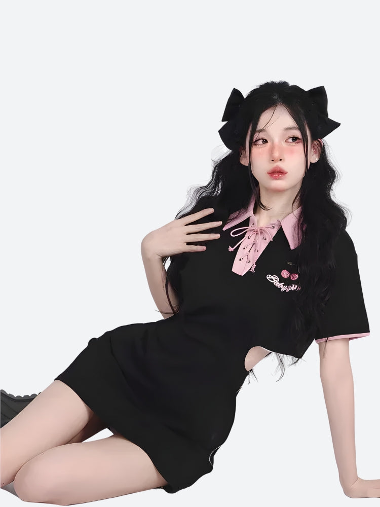 Kawaii Cherry Cut Out Mini Polo Dress - Y2K Summer Retro Style Douyin Fashion Kawaii Cherry Cut Out Mini Polo Dress - Y2K Summer Retro Style Douyin Fashion