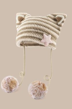 Kawaii Y2K Cat Ear Pom-Pom Beanie - Retro 90s Grunge Style