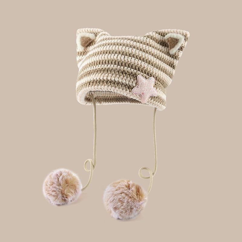 Kawaii Y2K Cat Ear Pom-Pom Beanie - Retro 90s Grunge Style Kawaii Y2K Cat Ear Pom-Pom Beanie - Retro 90s Grunge Style