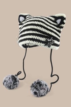 Kawaii Y2K Cat Ear Pom-Pom Beanie - Retro 90s Grunge Style