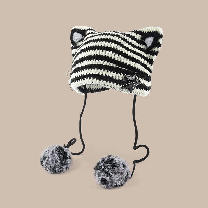 Kawaii Y2K Cat Ear Pom-Pom Beanie - Retro 90s Grunge Style Kawaii Y2K Cat Ear Pom-Pom Beanie - Retro 90s Grunge Style