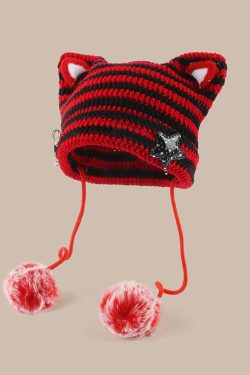 Kawaii Y2K Cat Ear Pom-Pom Beanie - Retro 90s Grunge Style