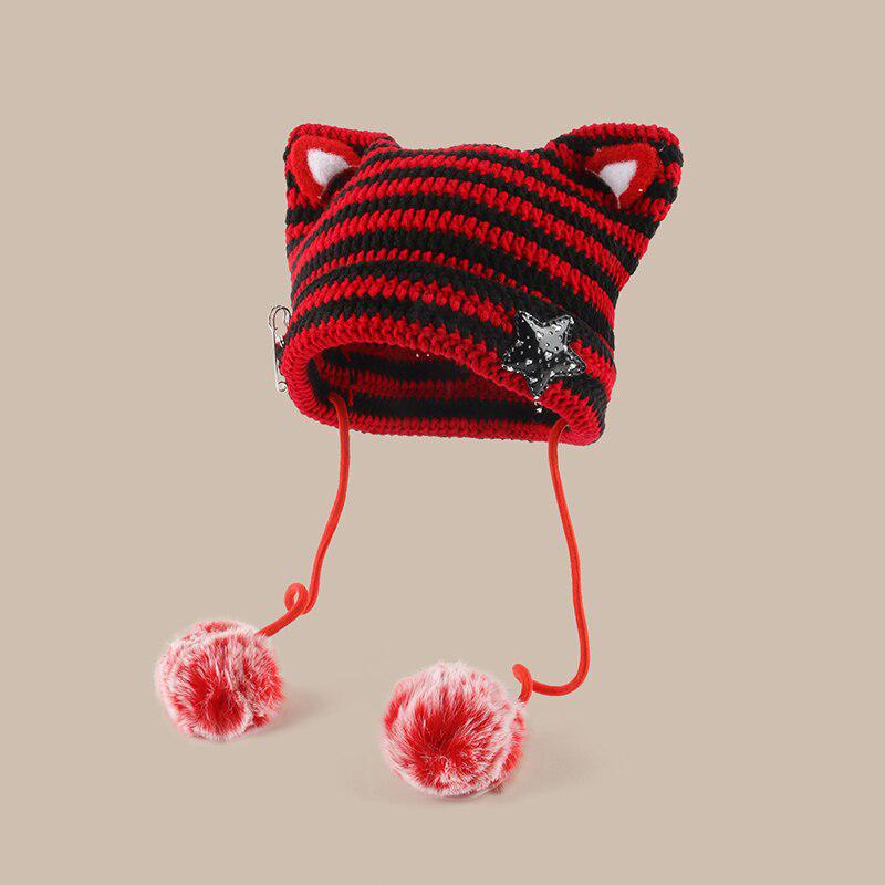 Kawaii Y2K Cat Ear Pom-Pom Beanie - Retro 90s Grunge Style Kawaii Y2K Cat Ear Pom-Pom Beanie - Retro 90s Grunge Style