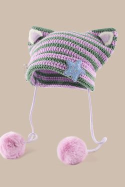 Kawaii Y2K Cat Ear Pom-Pom Beanie - Retro 90s Grunge Style