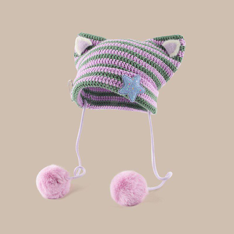 Kawaii Y2K Cat Ear Pom-Pom Beanie - Retro 90s Grunge Style Kawaii Y2K Cat Ear Pom-Pom Beanie - Retro 90s Grunge Style