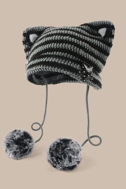 Kawaii Y2K Cat Ear Pom-Pom Beanie - Retro 90s Grunge Style