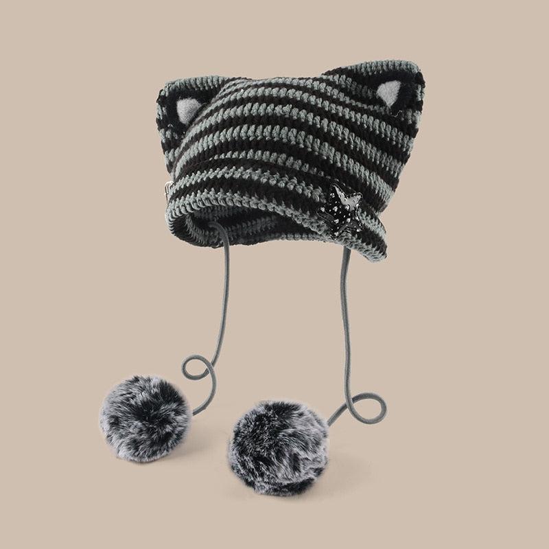Kawaii Y2K Cat Ear Pom-Pom Beanie - Retro 90s Grunge Style Kawaii Y2K Cat Ear Pom-Pom Beanie - Retro 90s Grunge Style
