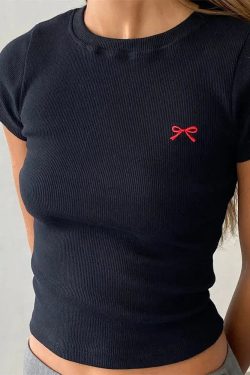 Retro Y2K Grunge Bow Basic Tee - Perfect for 90s Summer Outfits & Douyin Style