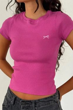 Retro Y2K Grunge Bow Basic Tee - Perfect for 90s Summer Outfits & Douyin Style