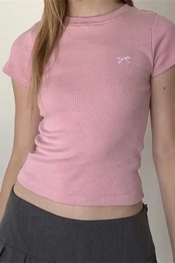 Retro Y2K Grunge Bow Basic Tee - Perfect for 90s Summer Outfits & Douyin Style