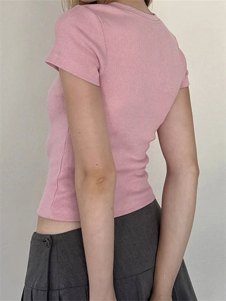 Retro Y2K Grunge Bow Basic Tee - Perfect for 90s Summer Outfits & Douyin Style Retro Y2K Grunge Bow Basic Tee - Perfect for 90s Summer Outfits & Douyin Style