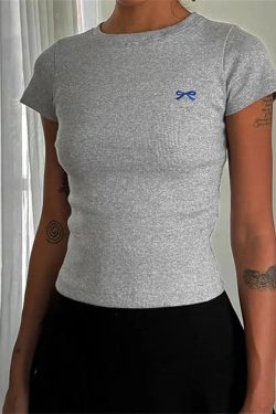 Retro Y2K Grunge Bow Basic Tee - Perfect for 90s Summer Outfits & Douyin Style