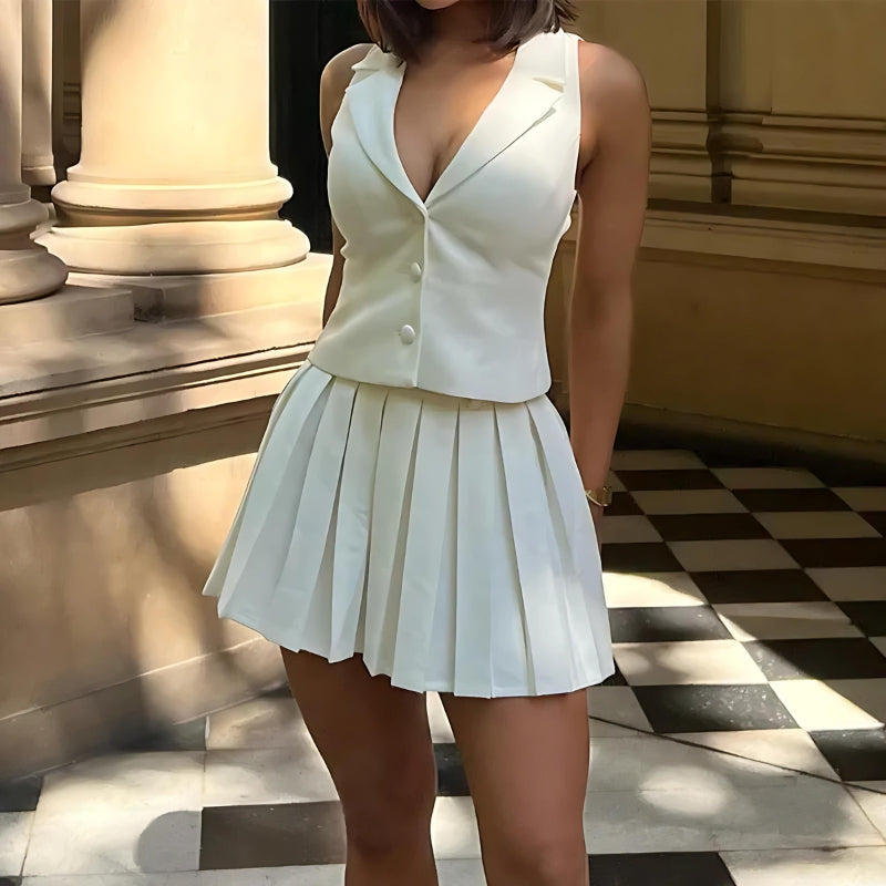 Y2K Button Up Top & Pleated Mini Skirt Set - Retro 90s Fashion Outfit Y2K Button Up Top & Pleated Mini Skirt Set - Retro 90s Fashion Outfit