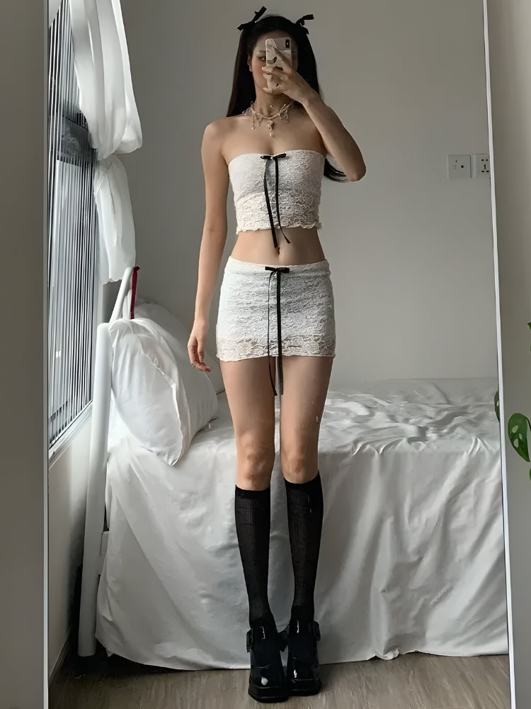 Y2K Coquette Bow Lace Two Piece Set - Retro Style Summer Outfit Y2K Coquette Bow Lace Two Piece Set - Retro Style Summer Outfit