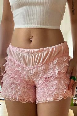Y2K Coquette Lace Ruched Ruffled Shorts - Retro 90s Grunge Style