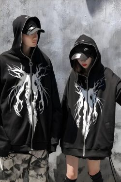 Y2K Cyberpunk Ghost Full Zip-Up Hoodie - Retro 90s Grunge Style