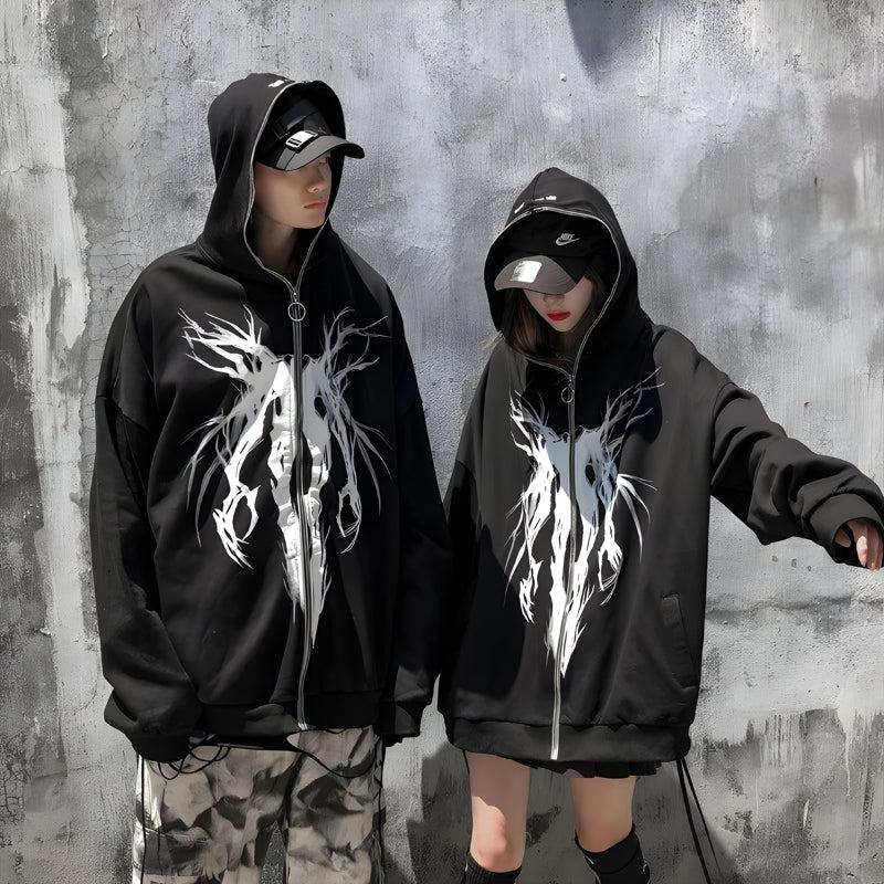 Y2K Cyberpunk Ghost Full Zip-Up Hoodie - Retro 90s Grunge Style Y2K Cyberpunk Ghost Full Zip-Up Hoodie - Retro 90s Grunge Style
