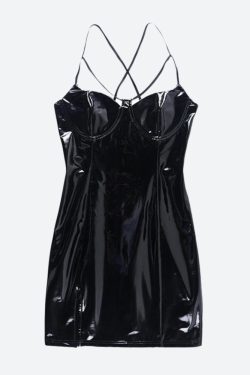 Y2K Cyberpunk Patent Leather Mini Dress - Retro Style Grunge Outfit