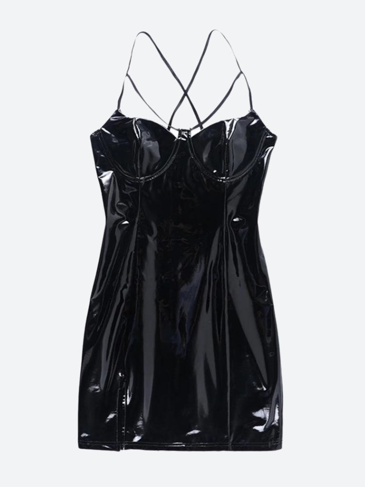 Y2K Cyberpunk Patent Leather Mini Dress - Retro Style Grunge Outfit