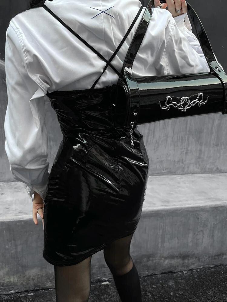 Y2K Cyberpunk Patent Leather Mini Dress - Retro Style Grunge Outfit