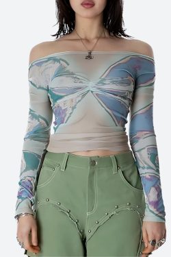 Y2K Fairycore Butterfly Mesh Top - Retro Style Grunge Outfit