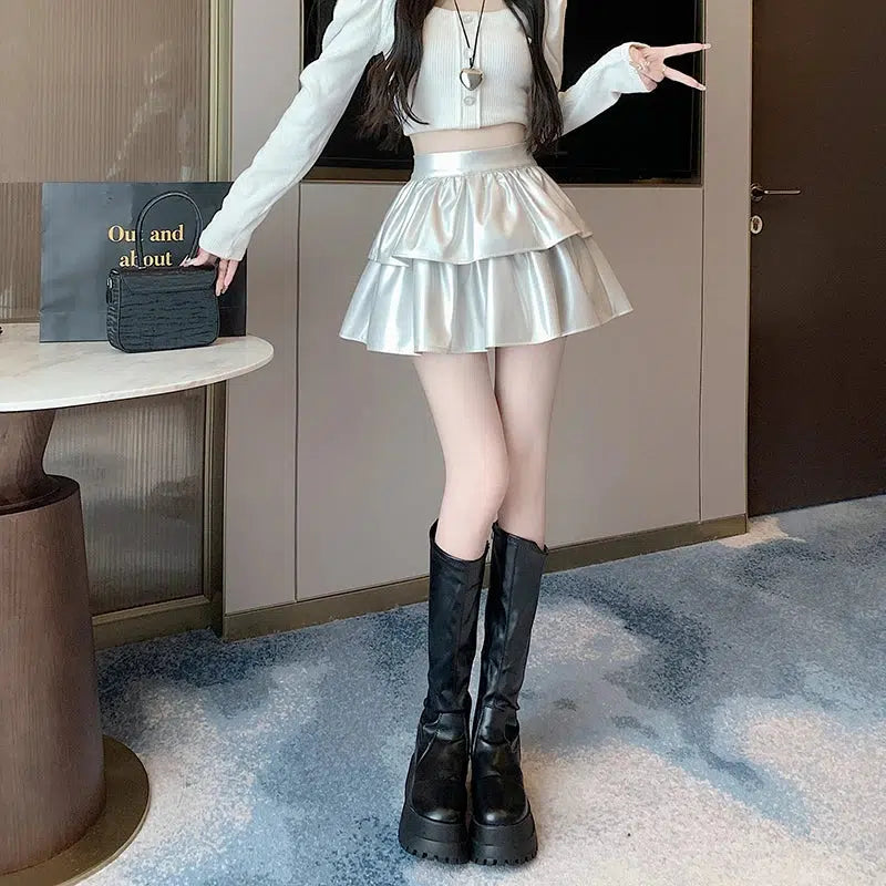 Y2K Faux Leather A-Line Mini Skirt - Retro 90s Grunge Style Y2K Faux Leather A-Line Mini Skirt - Retro 90s Grunge Style