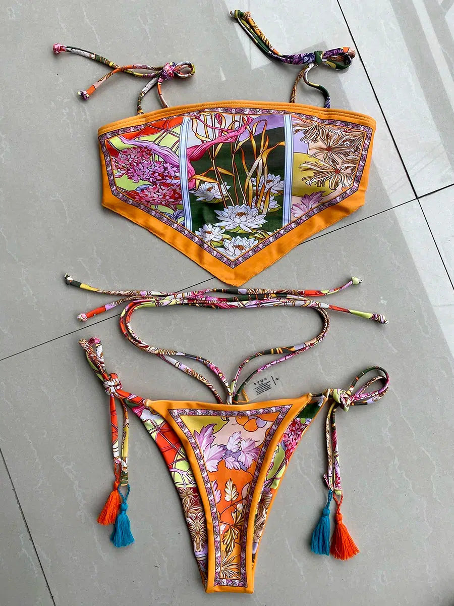 Y2K Floral Bandana Scarf Bikini Set - Retro Indie Summer Swimwear Y2K Floral Bandana Scarf Bikini Set - Retro Indie Summer Swimwear