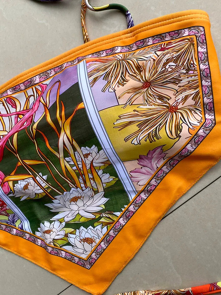 Y2K Floral Bandana Scarf Bikini Set - Retro Indie Summer Swimwear Y2K Floral Bandana Scarf Bikini Set - Retro Indie Summer Swimwear