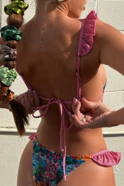 Y2K Floral Ruffled Checked Bikini Set - Retro Summer Swimwear for Trendy Beach Outfits
