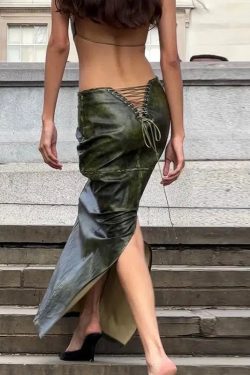 Y2K Grunge Baddie Leaf Lace Up Split Maxi Skirt - Retro 90s Fashion Statement