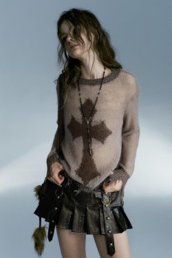 Y2K Grunge Distressed Cross Sweater - Retro 90s Fashion Statement