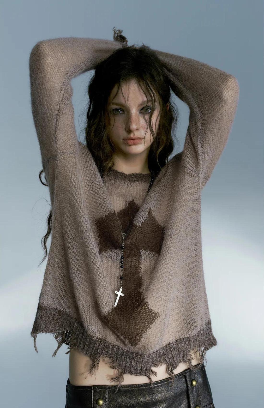 Y2K Grunge Distressed Cross Sweater - Retro 90s Fashion Statement Y2K Grunge Distressed Cross Sweater - Retro 90s Fashion Statement