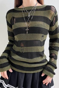 Y2K Grunge Distressed Striped Sweater - Retro 90s Fashion Statement