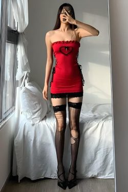 Y2K Grunge Goth Heart Lace Up Bodycon Mini Dress - Retro 90s Club Outfit
