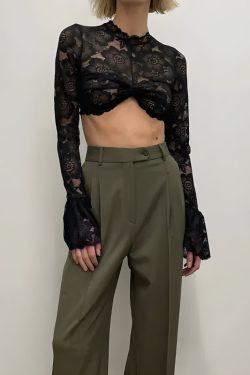 Y2K Lace Flare Cuffs Crop Top - Retro 90s Fashion Grunge Style