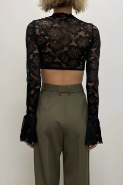 Y2K Lace Flare Cuffs Crop Top - Retro 90s Fashion Grunge Style