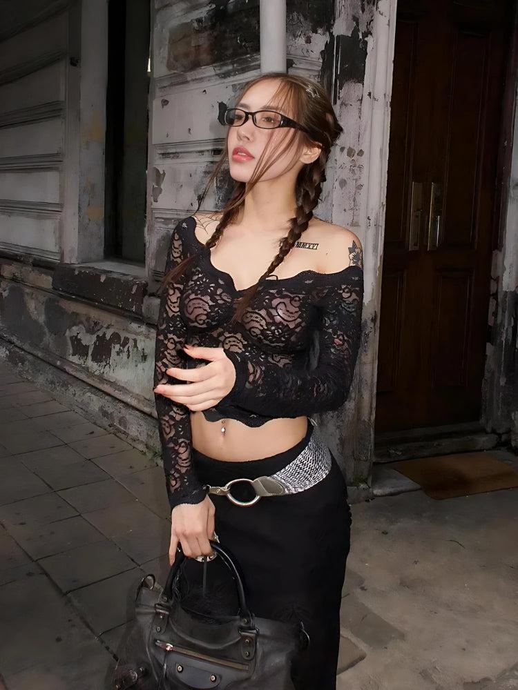 Y2K Lace Sheer Off Shoulder Top - Perfect for Retro, Grunge, and 90s Fashion Outfits Y2K Lace Sheer Off Shoulder Top - Perfect for Retro, Grunge, and 90s Fashion Outfits