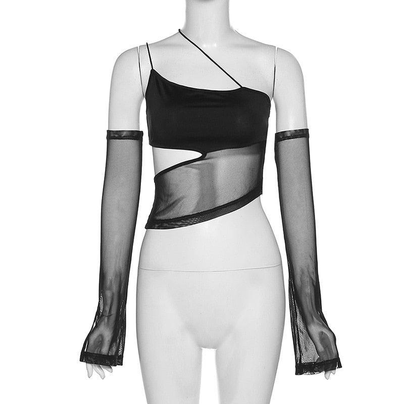 Y2K Mesh Halter Top with Detachable Sleeves - Perfect for Retro and 90s Grunge Outfits Y2K Mesh Halter Top with Detachable Sleeves - Perfect for Retro and 90s Grunge Outfits