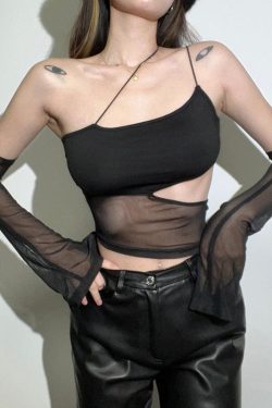 Y2K Mesh Halter Top with Detachable Sleeves - Perfect for Retro and 90s Grunge Outfits