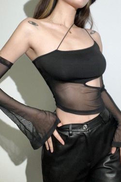 Y2K Mesh Halter Top with Detachable Sleeves - Perfect for Retro and 90s Grunge Outfits