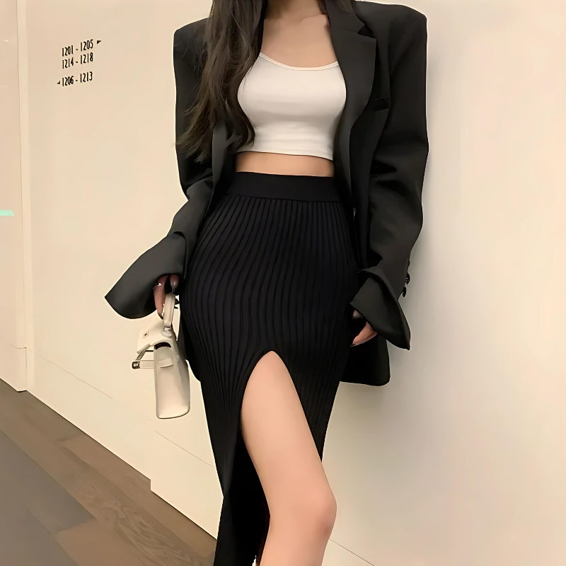 Y2K Retro Corduroy Knitted Split Midi Skirt - Perfect for 90s and Grunge Outfits