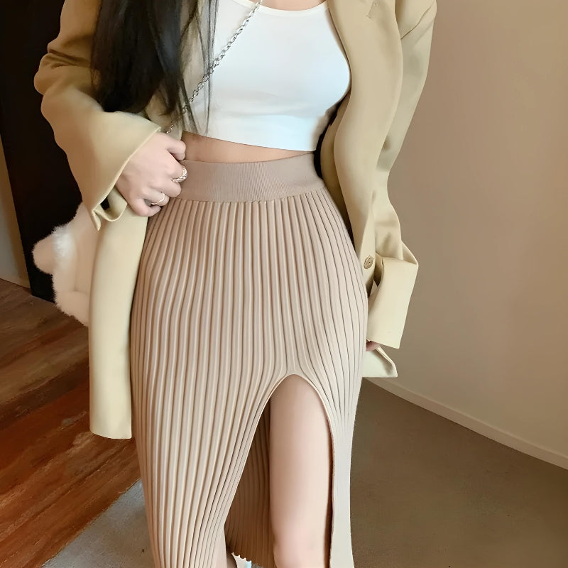 Y2K Retro Corduroy Knitted Split Midi Skirt - Perfect for 90s and Grunge Outfits