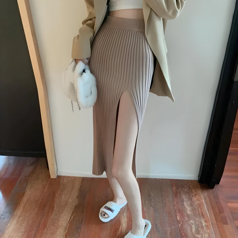 Y2K Retro Corduroy Knitted Split Midi Skirt - Perfect for 90s and Grunge Outfits